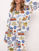 Greece Travel Silk Satin Pajama Set For Women