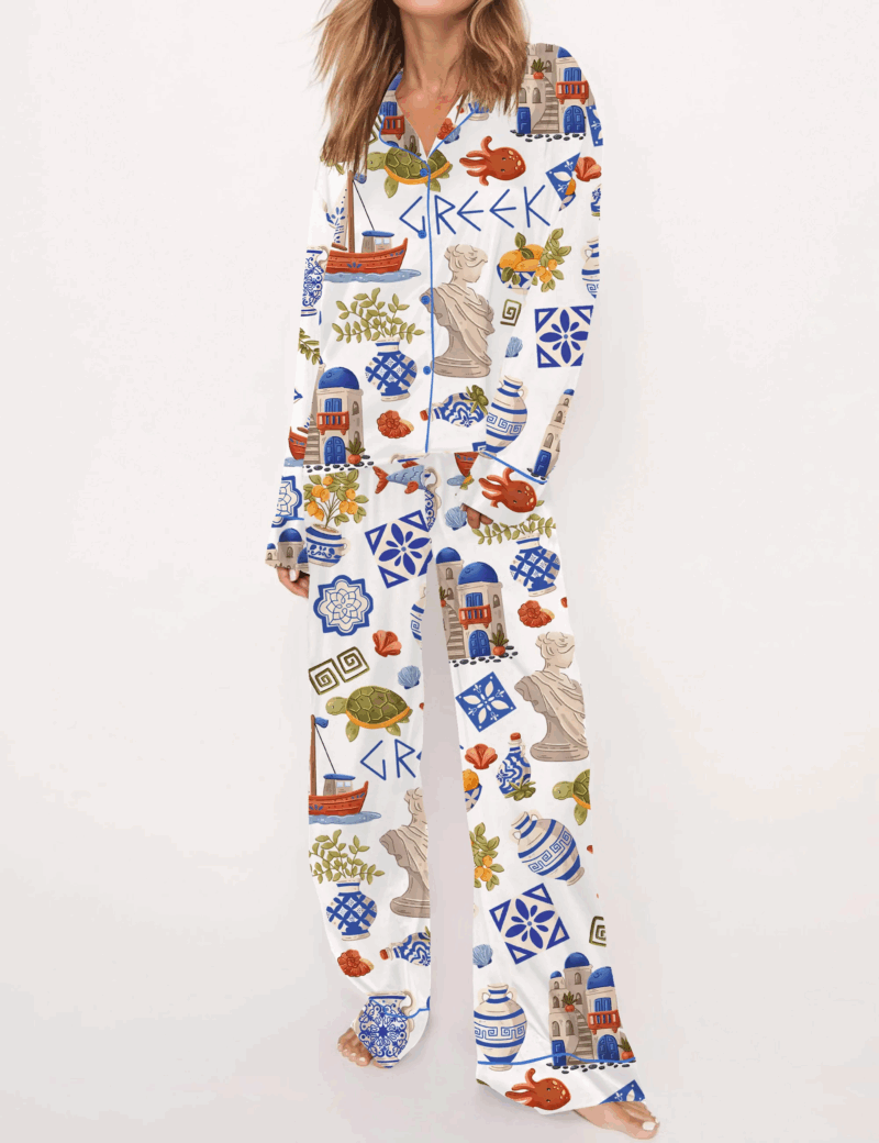 Greece Travel Silk Satin Pajama Set For Women