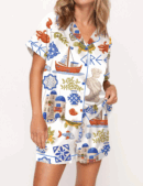 Greece Travel Silk Satin Pajama Set For Women