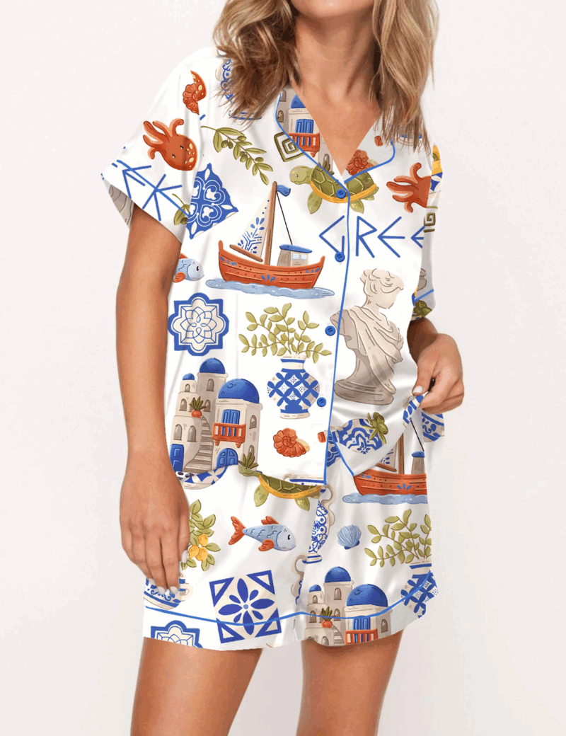 Greece Travel Silk Satin Pajama Set For Women