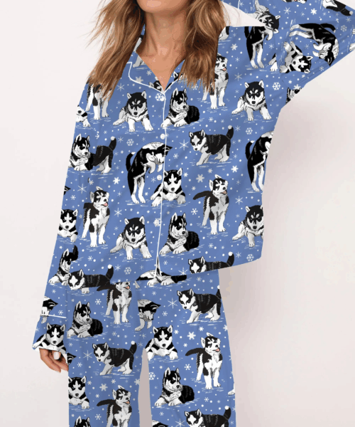Husky Dog And Snowflakes Silk Satin Pajama Set For Women
