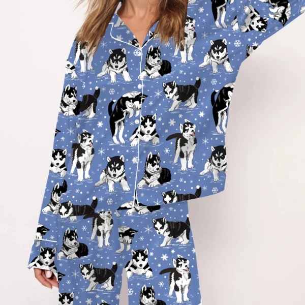 Husky Dog And Snowflakes Silk Satin Pajama Set For Women
