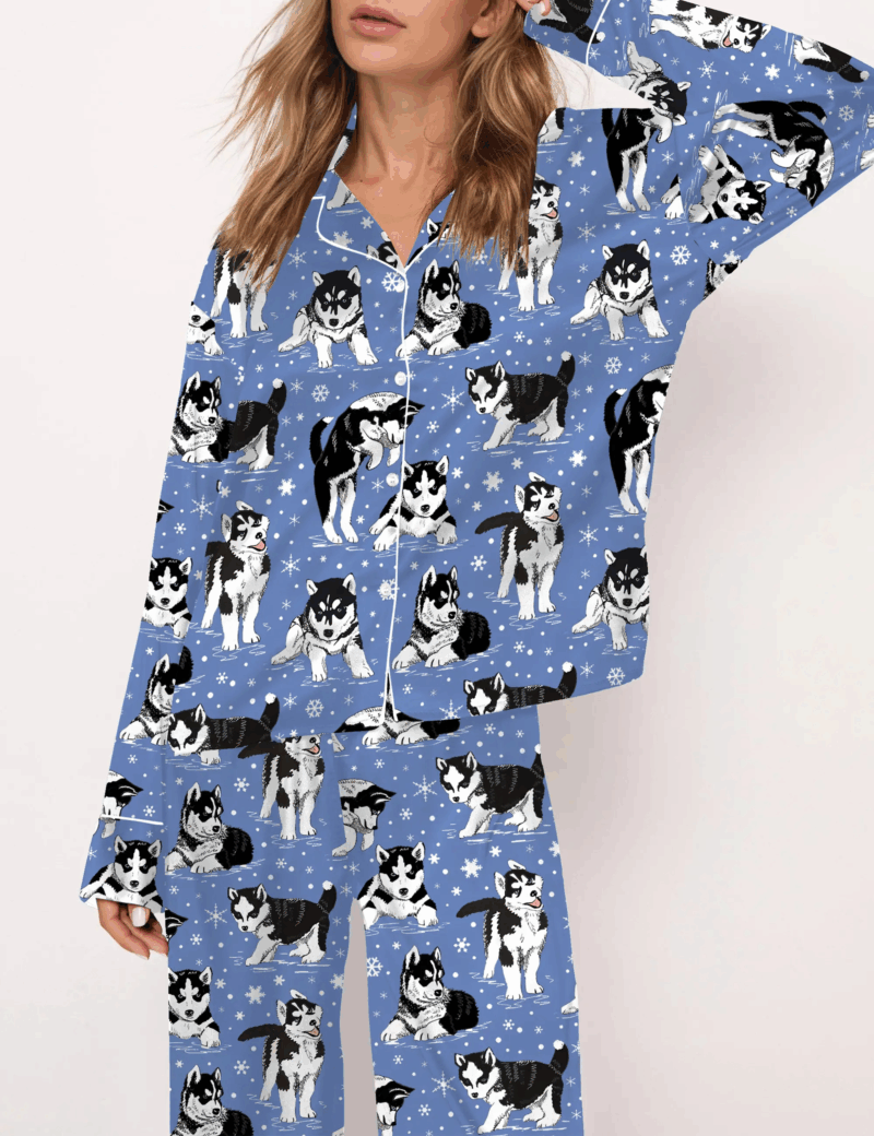 Husky Dog And Snowflakes Silk Satin Pajama Set For Women