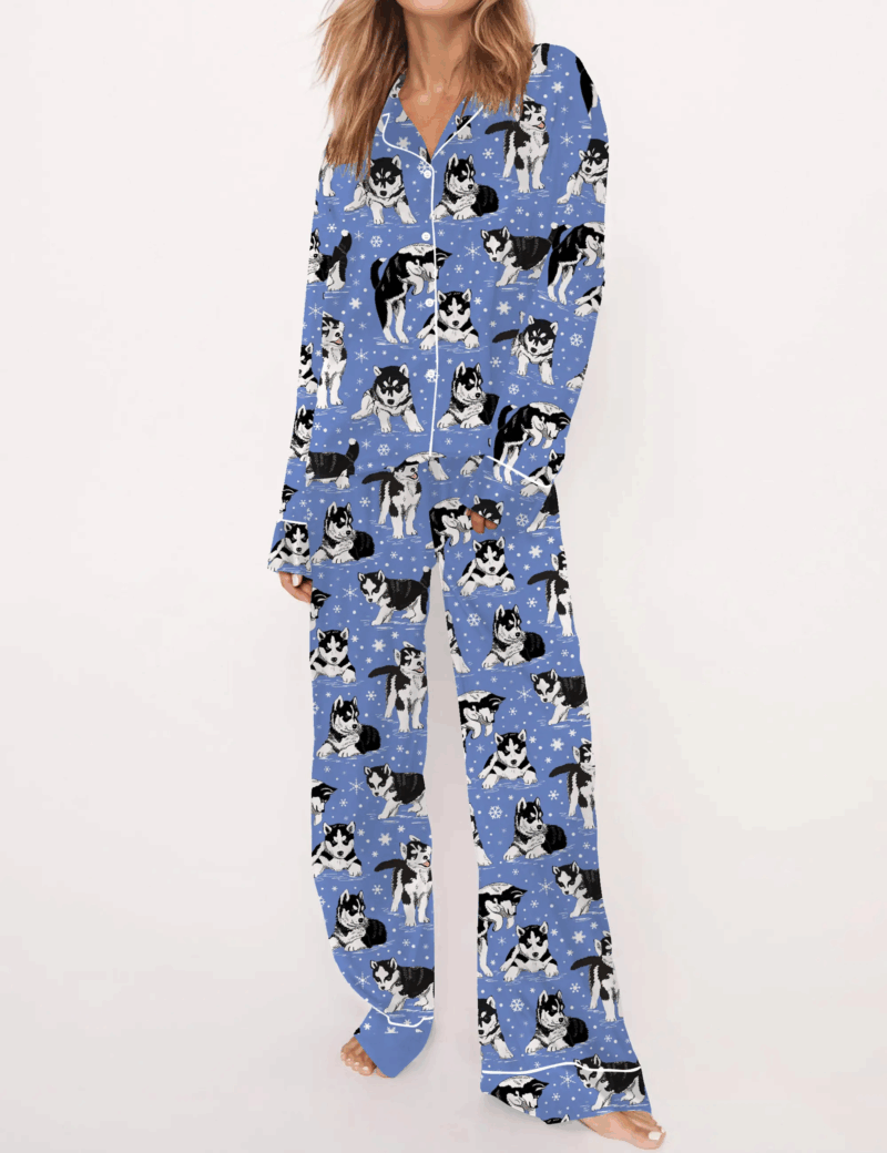 Husky Dog And Snowflakes Silk Satin Pajama Set For Women
