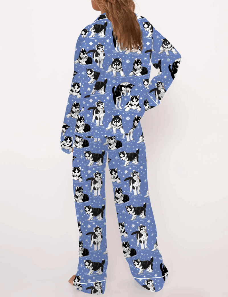 Husky Dog And Snowflakes Silk Satin Pajama Set For Women