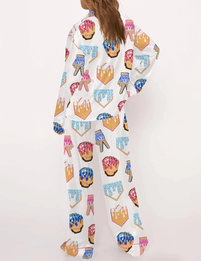Ice Cream Baseball Silk Satin Pajama Set For Women