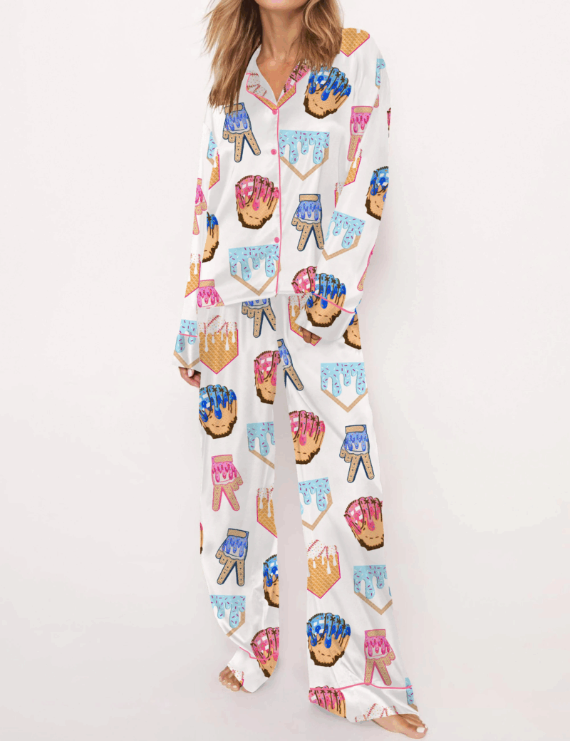 Ice Cream Baseball Silk Satin Pajama Set For Women