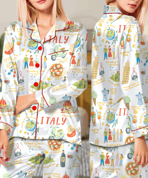 Italian Vacation Silky Satin Pajama Set For Women