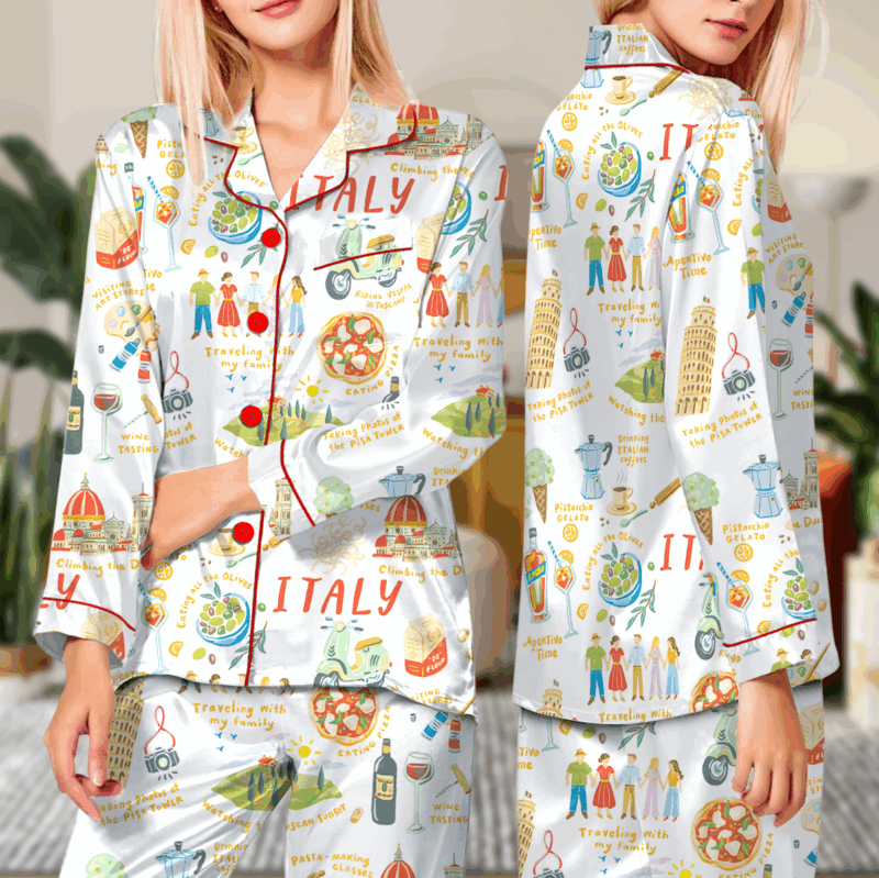Italian Vacation Silky Satin Pajama Set For Women