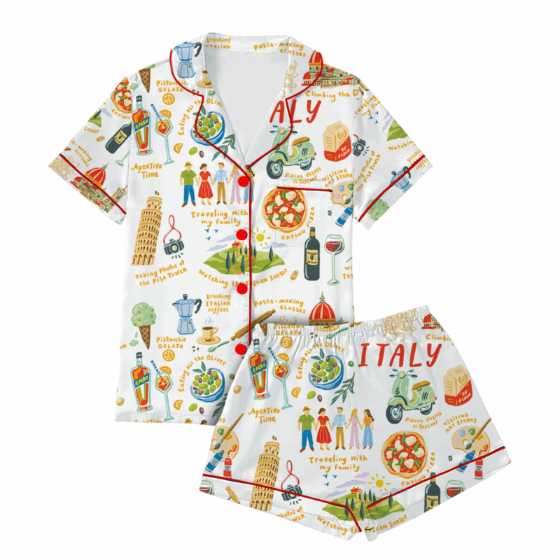 Italian Vacation Silky Satin Pajama Set For Women