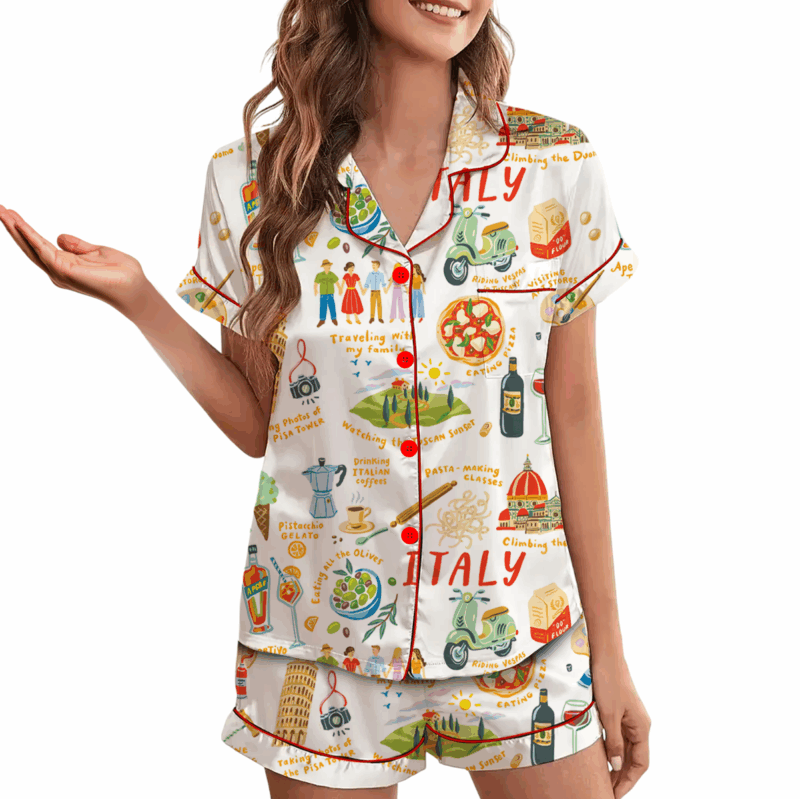 Italian Vacation Silky Satin Pajama Set For Women