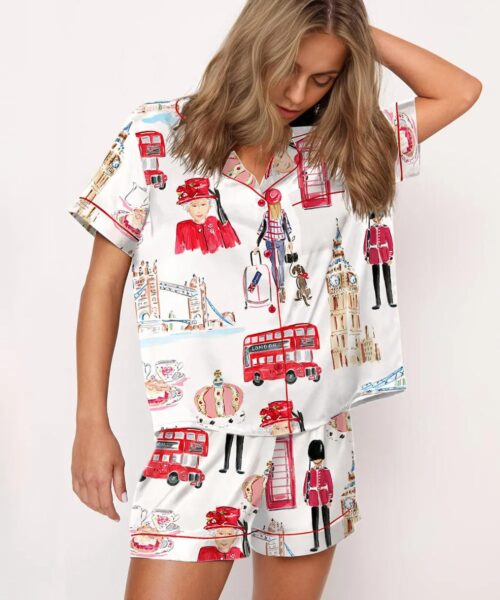 London Travel Watercolor Silk Satin Pajama Set For Women