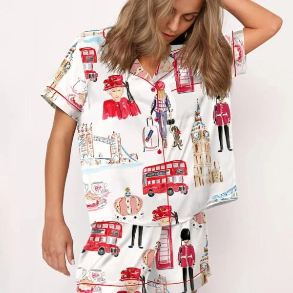 London Travel Watercolor Silk Satin Pajama Set For Women