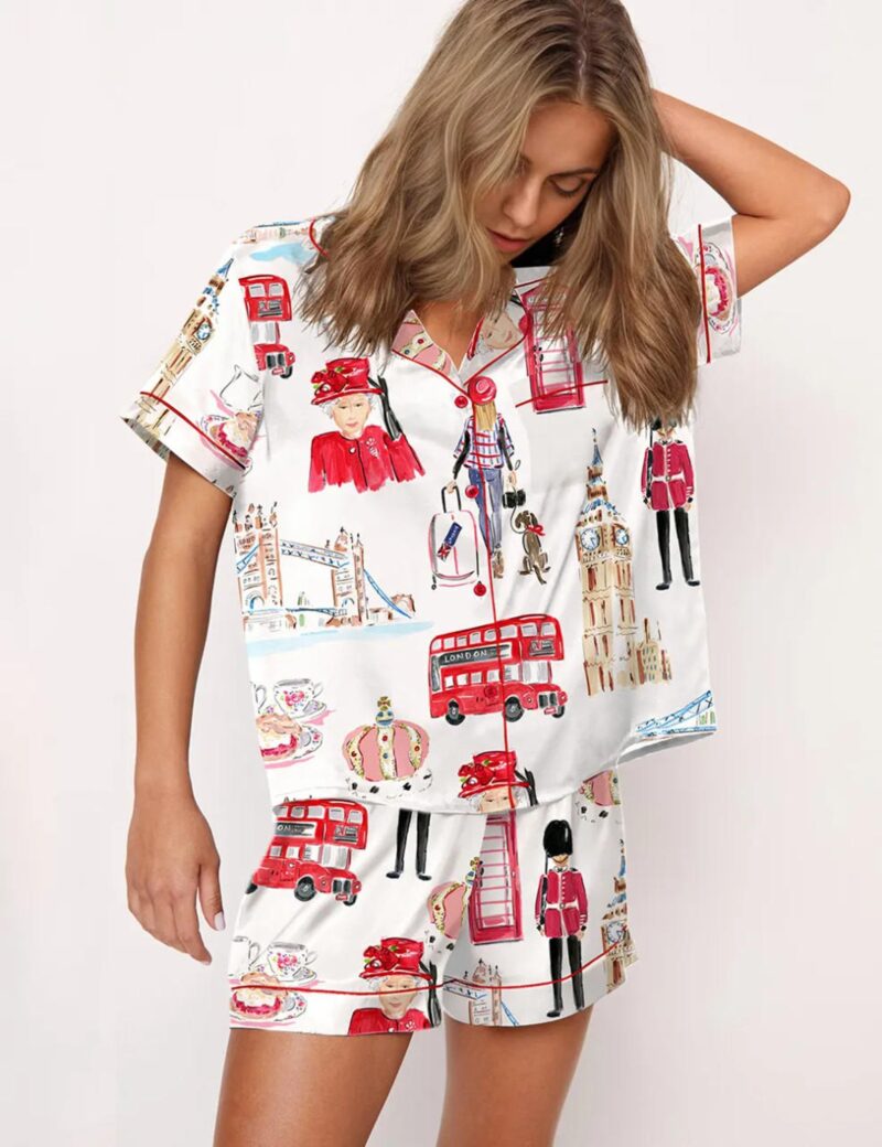 London Travel Watercolor Silk Satin Pajama Set For Women