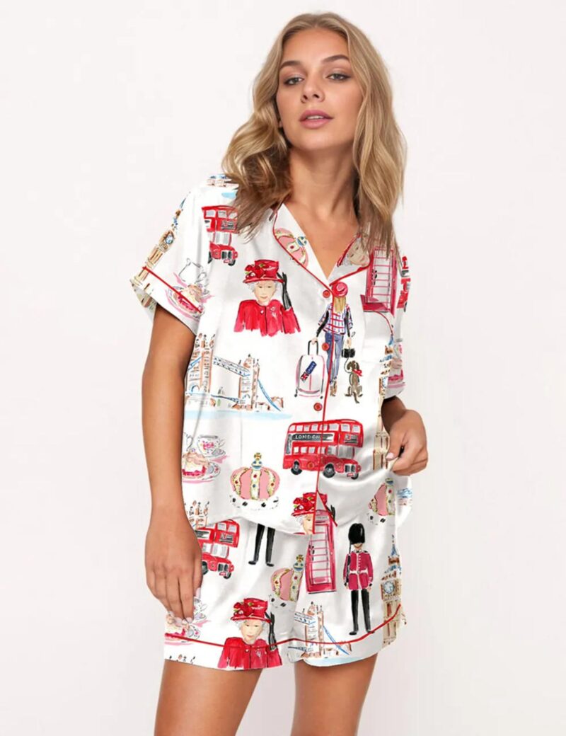 London Travel Watercolor Silk Satin Pajama Set For Women