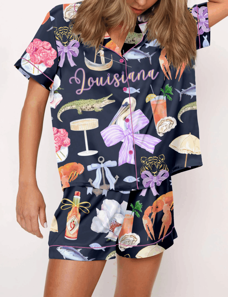 Louisiana Preppy Girl Silk Satin Pajama Set For Women