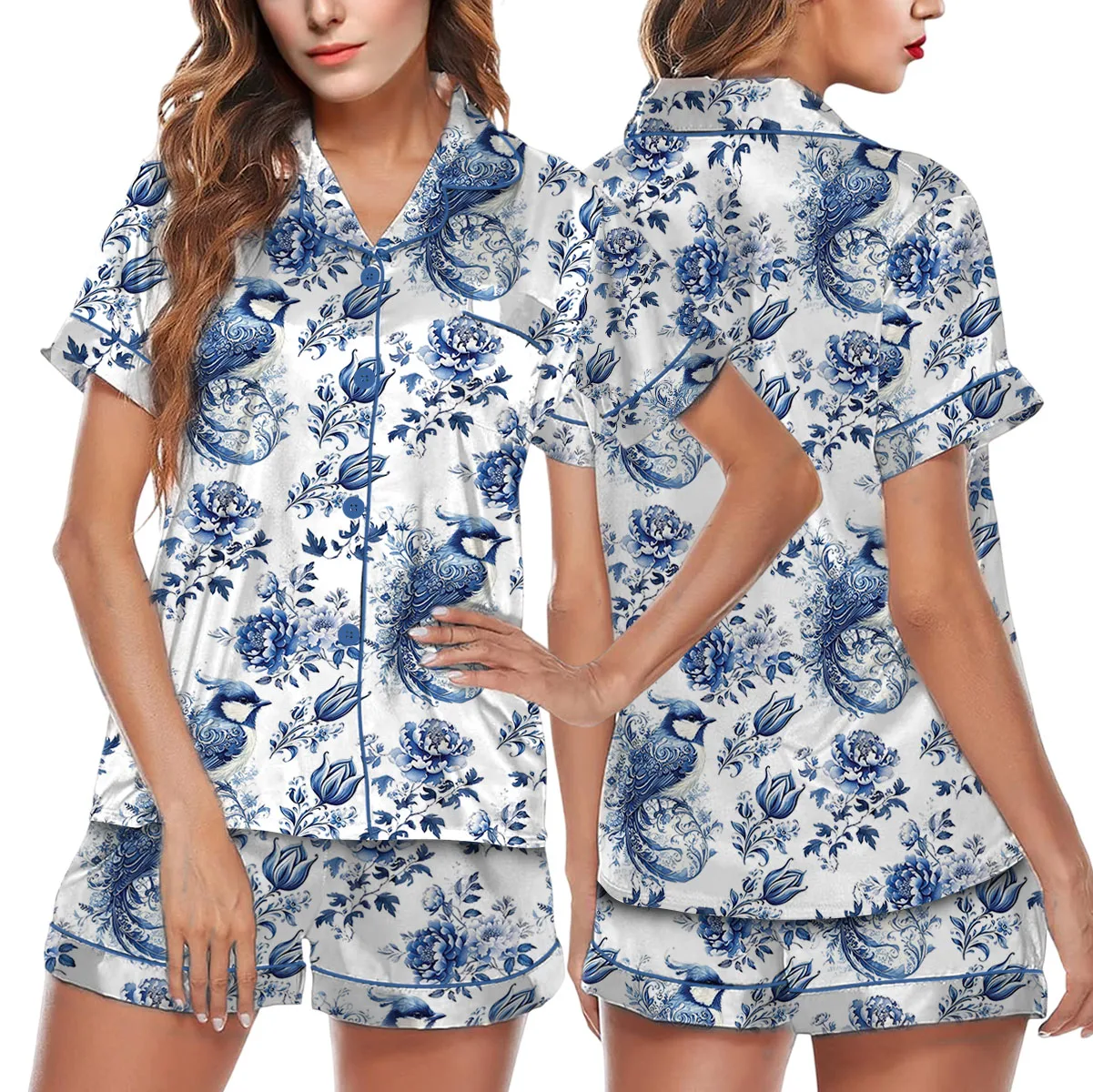 Chinoiserie Flower Clipart Watercolor Satin Pajamas Set