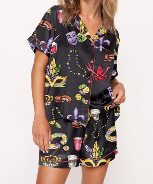 Mardi Gras Beads King Cake Crawfish Satin Pajama Set