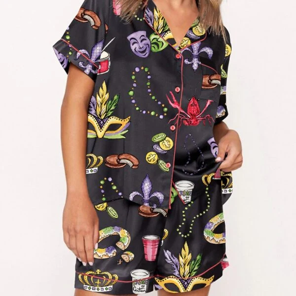 Mardi Gras Beads King Cake Crawfish Satin Pajama Set