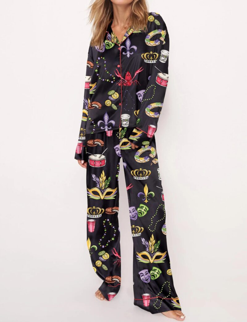 Mardi Gras Beads King Cake Crawfish Satin Pajama Set