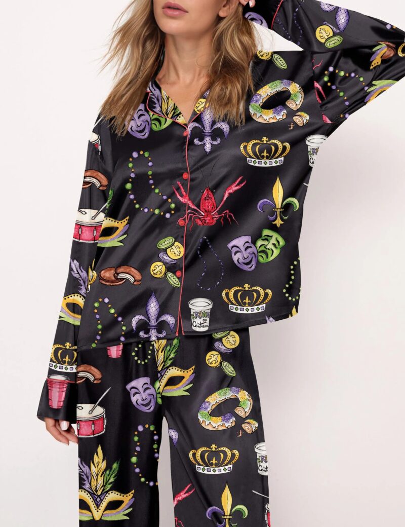 Mardi Gras Beads King Cake Crawfish Satin Pajama Set