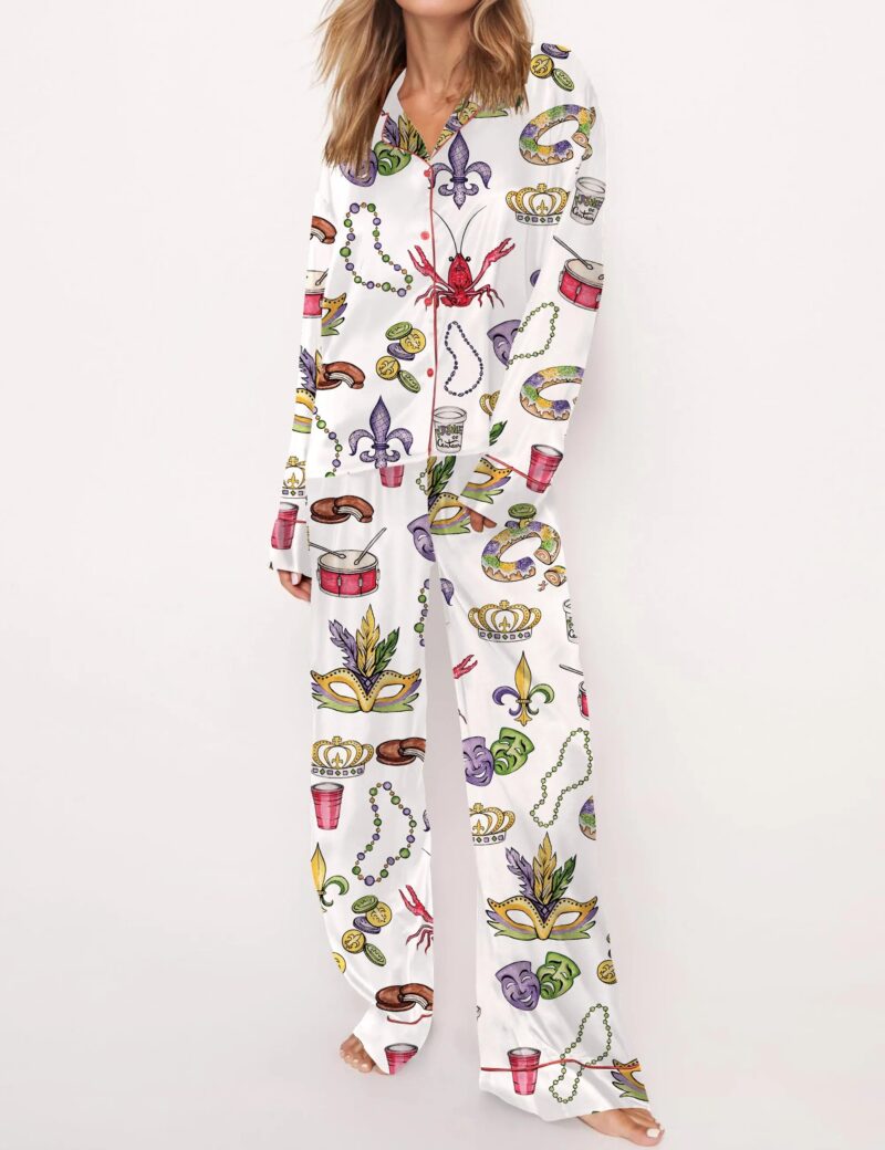 Mardi Gras Beads King Cake Crawfish Satin Pajama Set