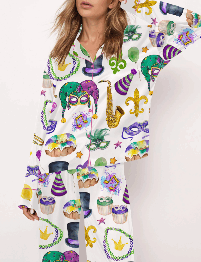 Mardi Gras Silk Satin Pajama Set For Women