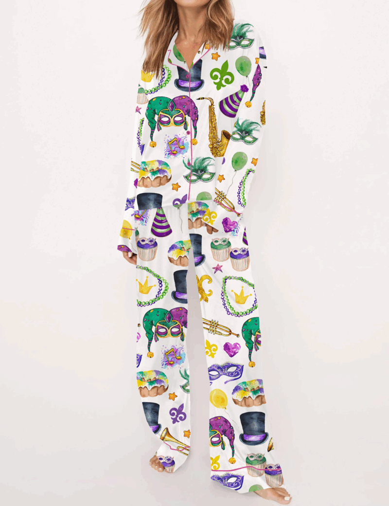Mardi Gras Silk Satin Pajama Set For Women