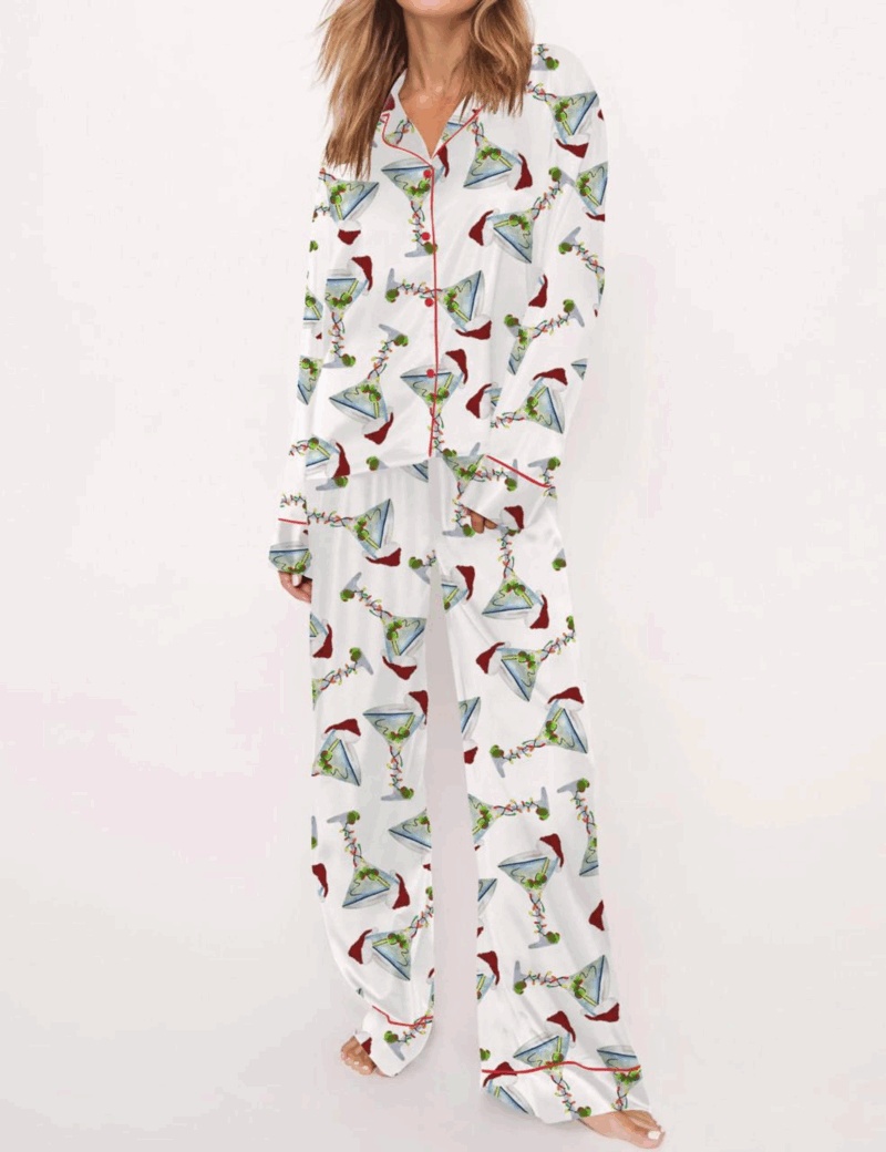 Martini Christmas Silk Satin Pajama Set For Women