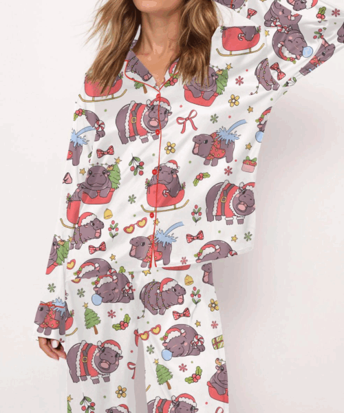 Moo Deng Christmas Silk Satin Pajama Set For Women