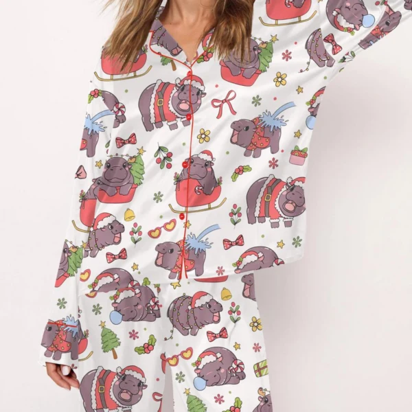 Moo Deng Christmas Silk Satin Pajama Set For Women