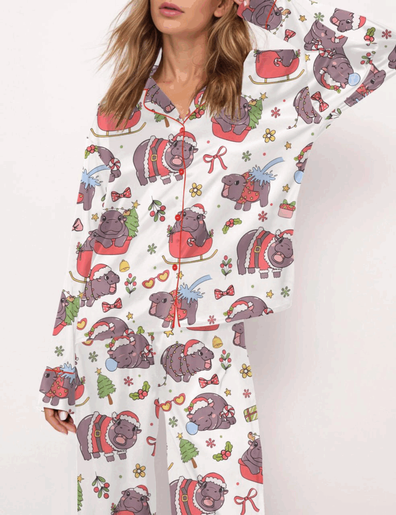Moo Deng Christmas Silk Satin Pajama Set For Women