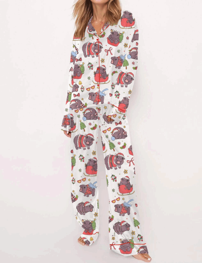 Moo Deng Christmas Silk Satin Pajama Set For Women