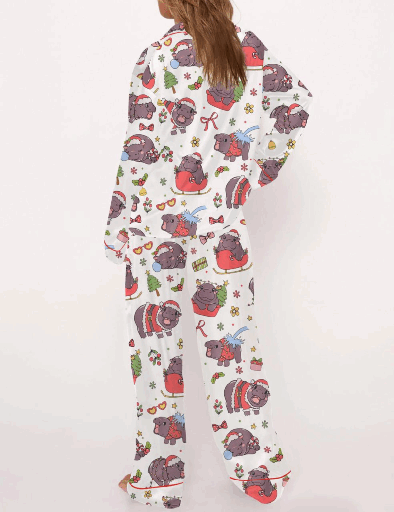 Moo Deng Christmas Silk Satin Pajama Set For Women