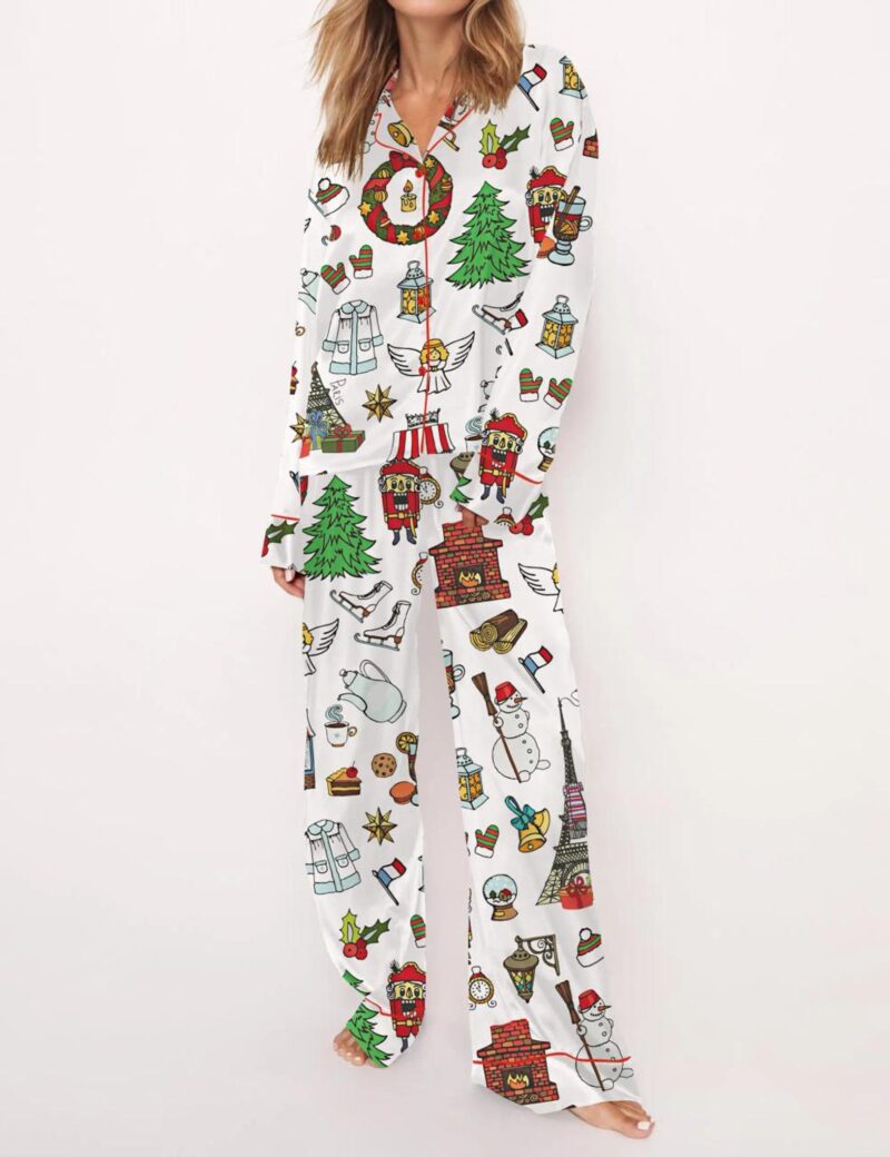 Paris Christmas Silk Satin Pajama Set For Women