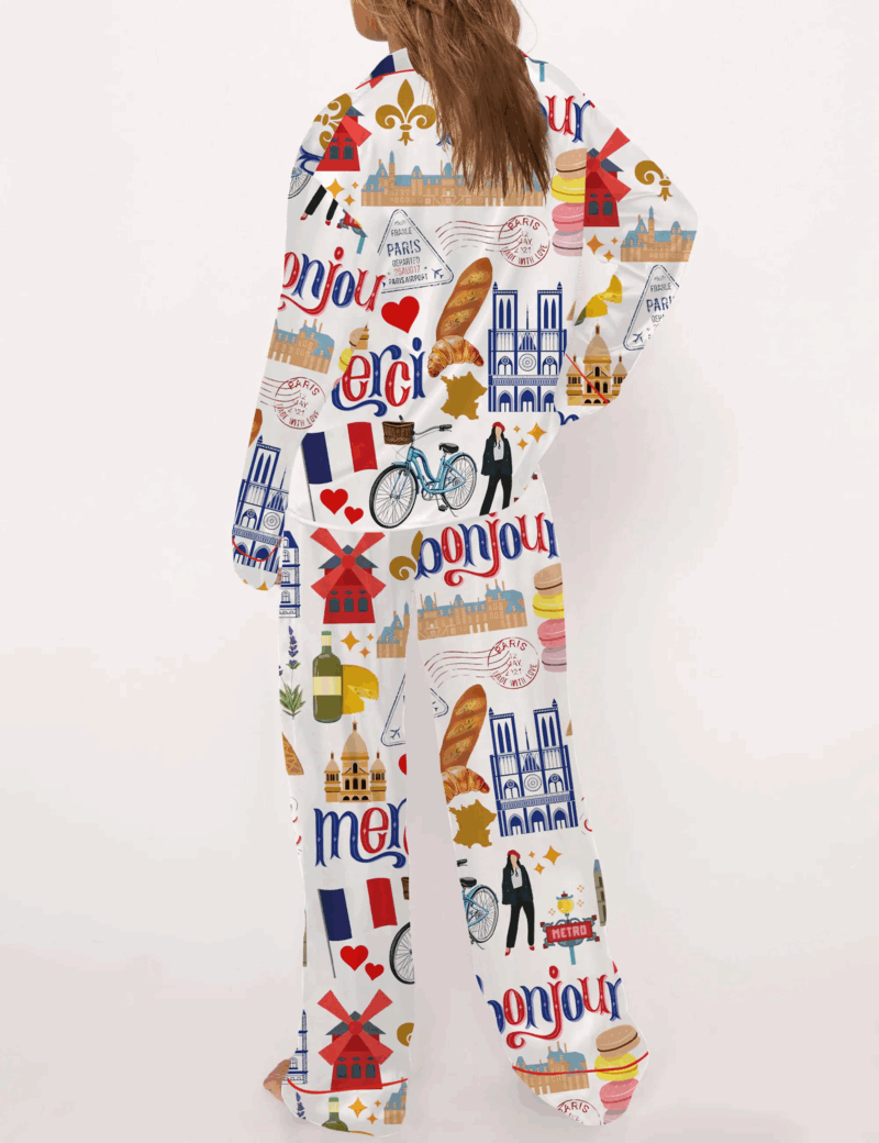 Paris Travel Silk Satin Pajama Set For Women