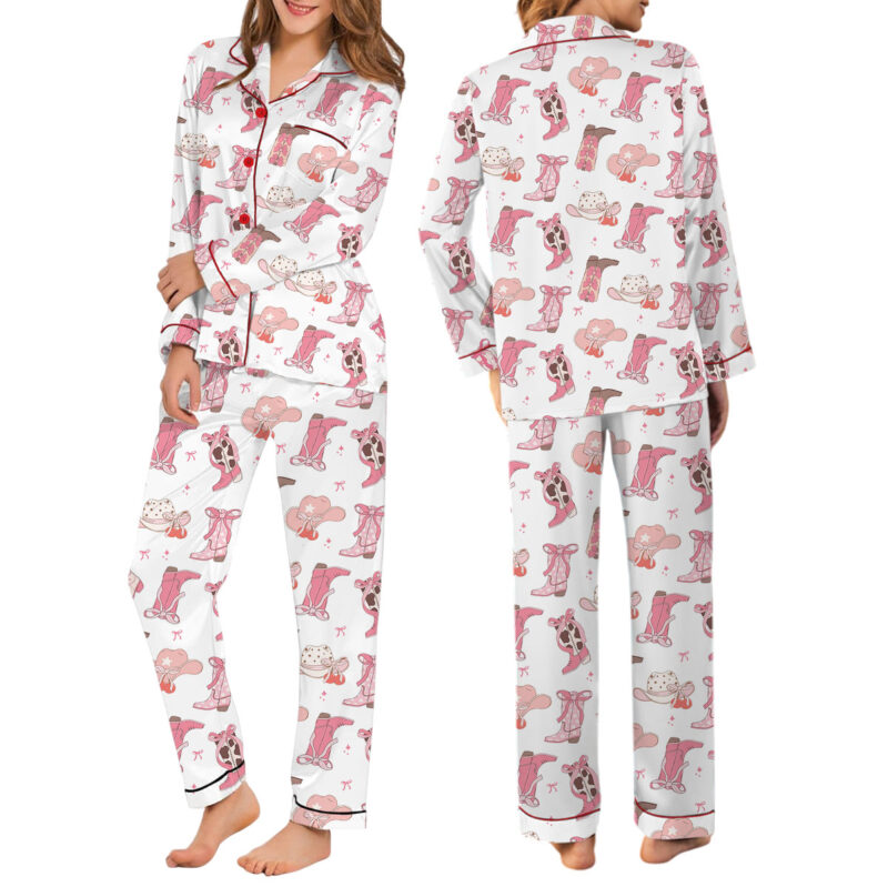 Pink Boots With Bows Satin Pajamas Set For Women