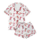Pink Boots With Bows Satin Pajamas Set For Women