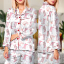 Pink Boots With Bows Satin Pajamas Set For Women