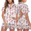 Pink Boots With Bows Satin Pajamas Set For Women