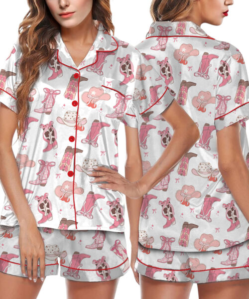 Pink Boots With Bows Satin Pajamas Set For Women