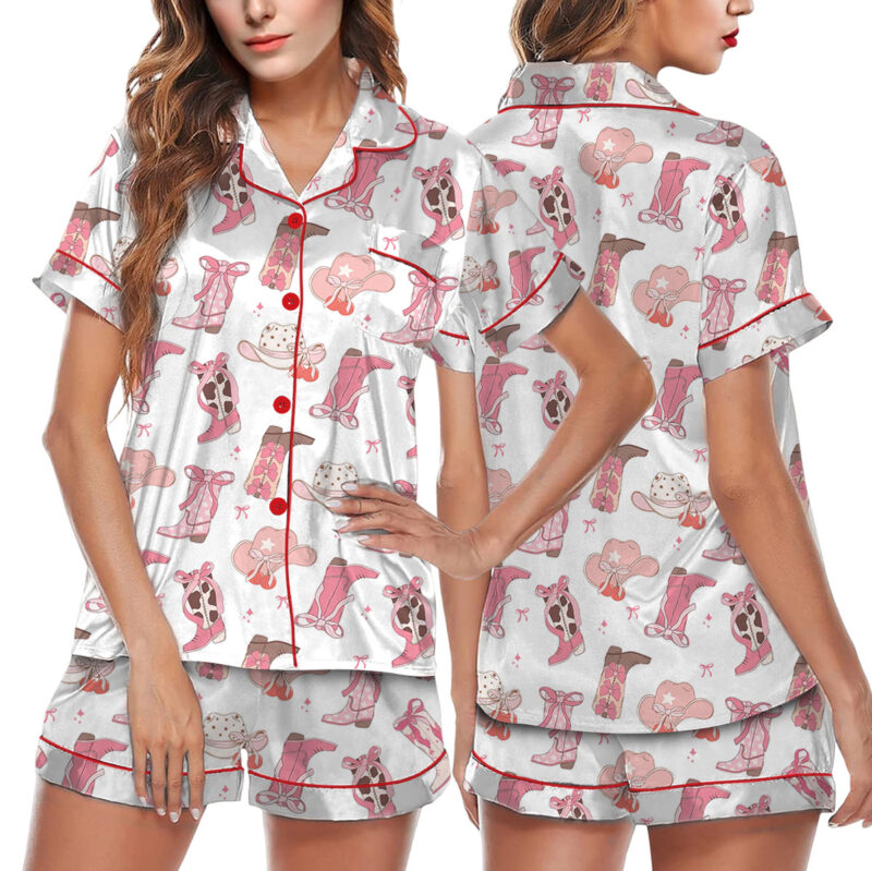 Pink Boots With Bows Satin Pajamas Set For Women