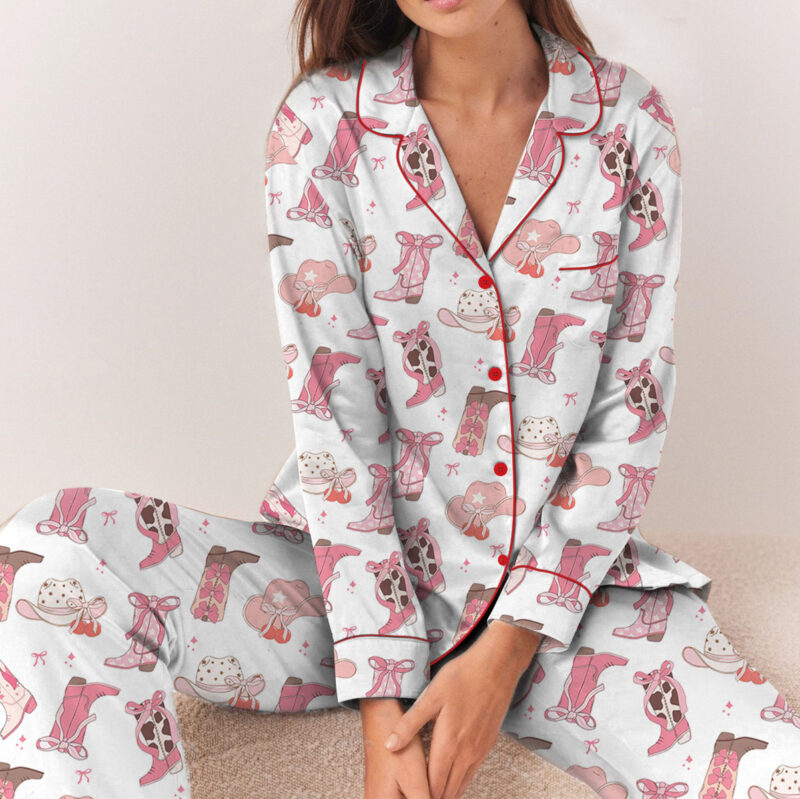 Pink Boots With Bows Satin Pajamas Set For Women
