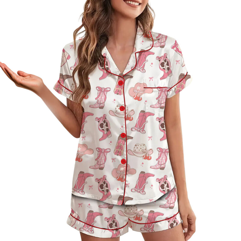 Pink Boots With Bows Satin Pajamas Set For Women