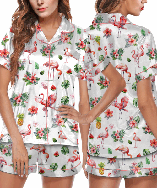 Pink Flamingo Satin Pajama Set For Women