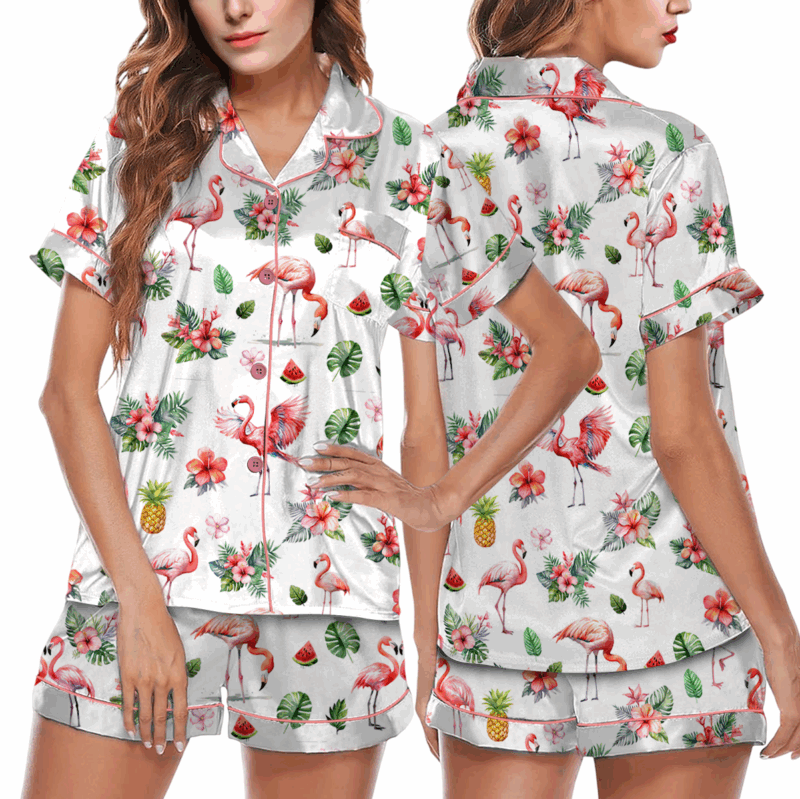 Pink Flamingo Satin Pajama Set For Women