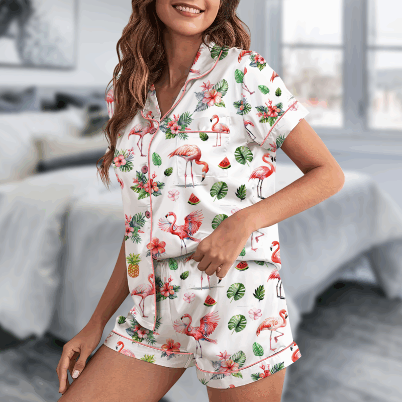 Pink Flamingo Satin Pajama Set For Women