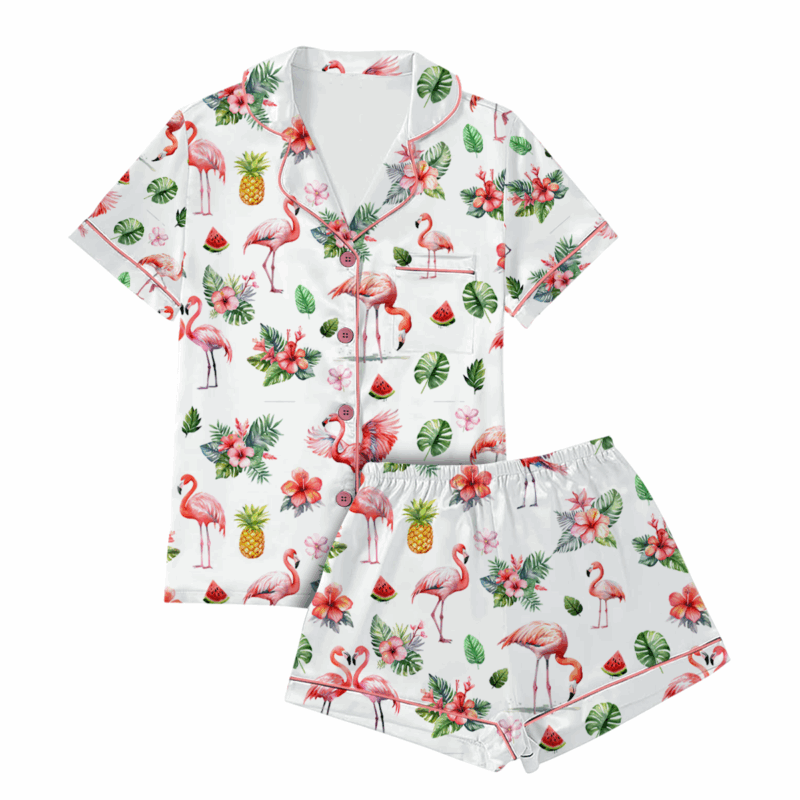 Pink Flamingo Satin Pajama Set For Women