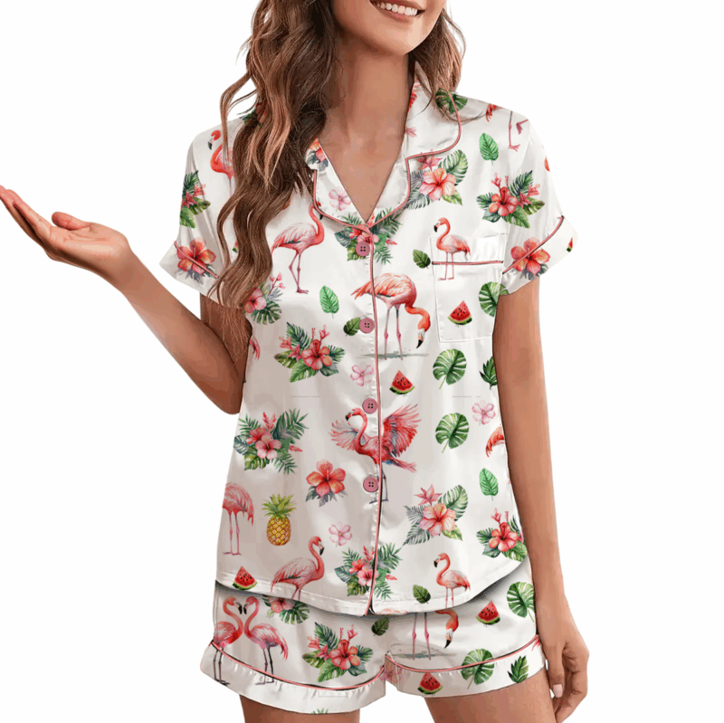 Pink Flamingo Satin Pajama Set For Women