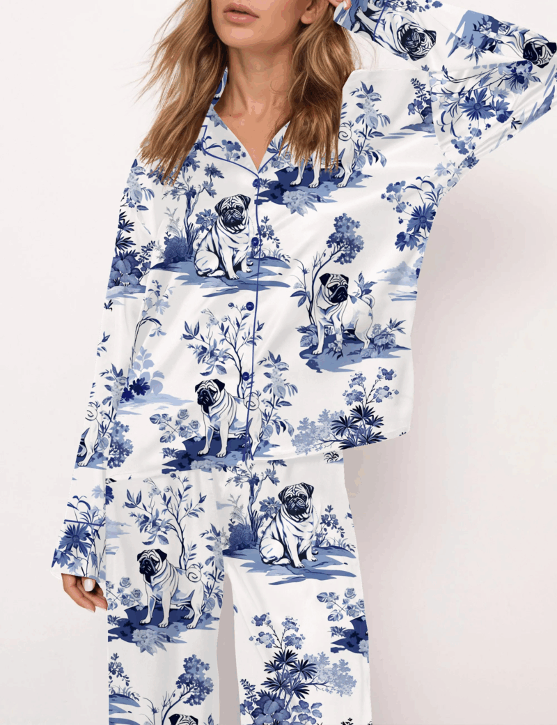 Pug Dog Silky Satin Pajama Set For Women
